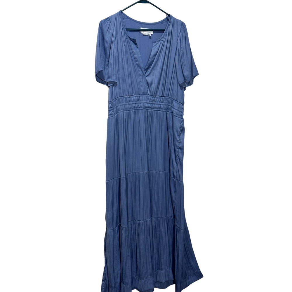 Anthropologie Maxi Dress Women XL Blue Plisse Smocked Tiered Boho Romantic